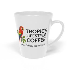 White Latte Mug, 12oz  ~ Tropics Lifestyle Coffee Parrot Logo