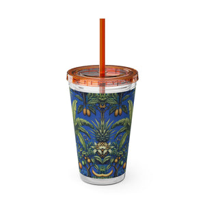 Tropical Tumbler with Straw | 16 oz: Tropical Palms & Fruit, Blue