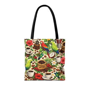Tropical Parrots & Coffee Tote Bag, Green - 3 Sizes