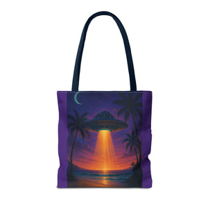 UFO at Beach Sunset Tote Bag, Purple - 3 Sizes