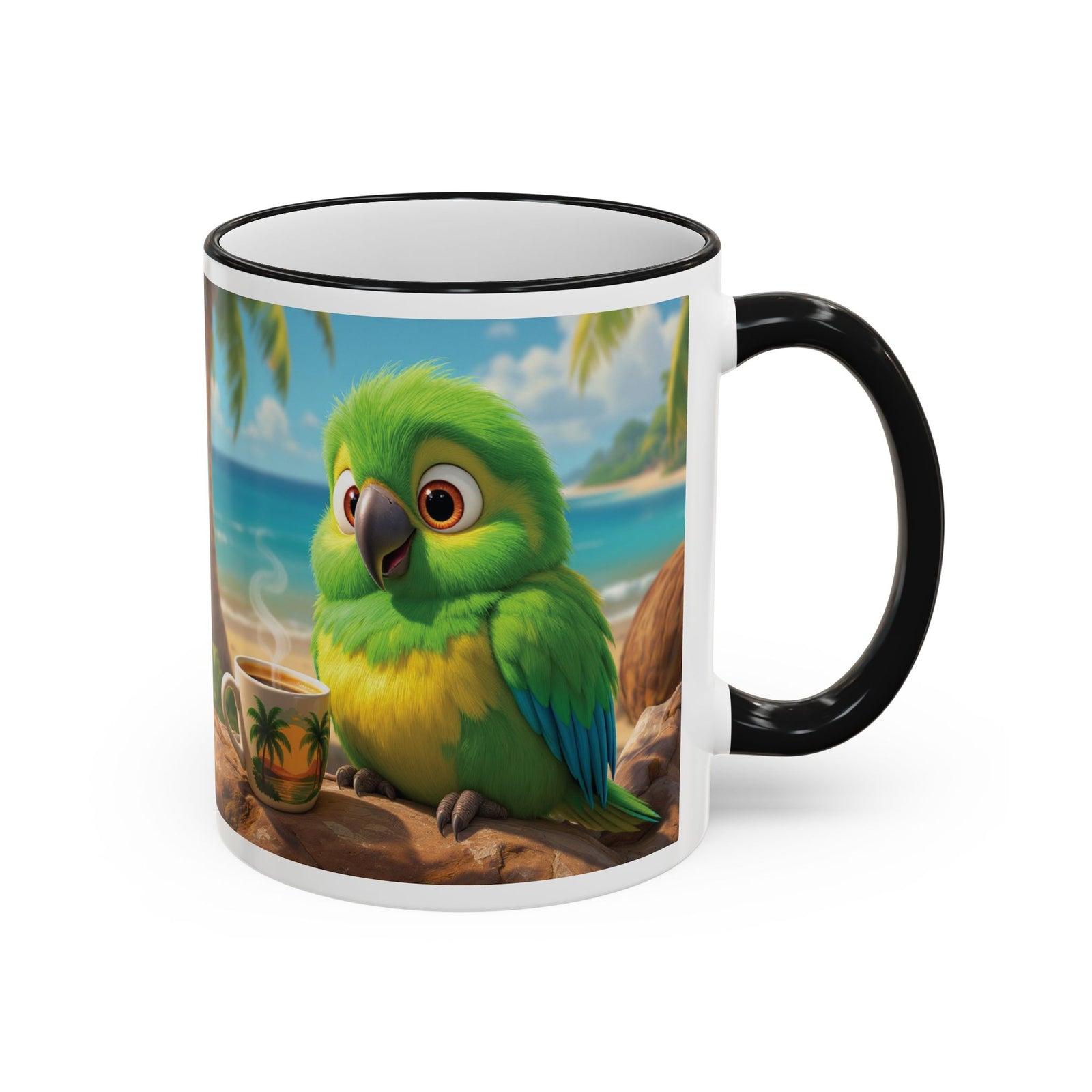 Accent Rim & Handle Coffee Mug ~ Lulu the Parrot Drinking Coffee