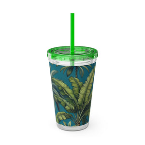 Tropical Tumbler with Straw | 16 oz: Tropical Palms & Fruit, Blue