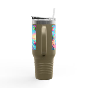 Insulated Travel Mug, 40oz / Pop Art Flamingo Beach