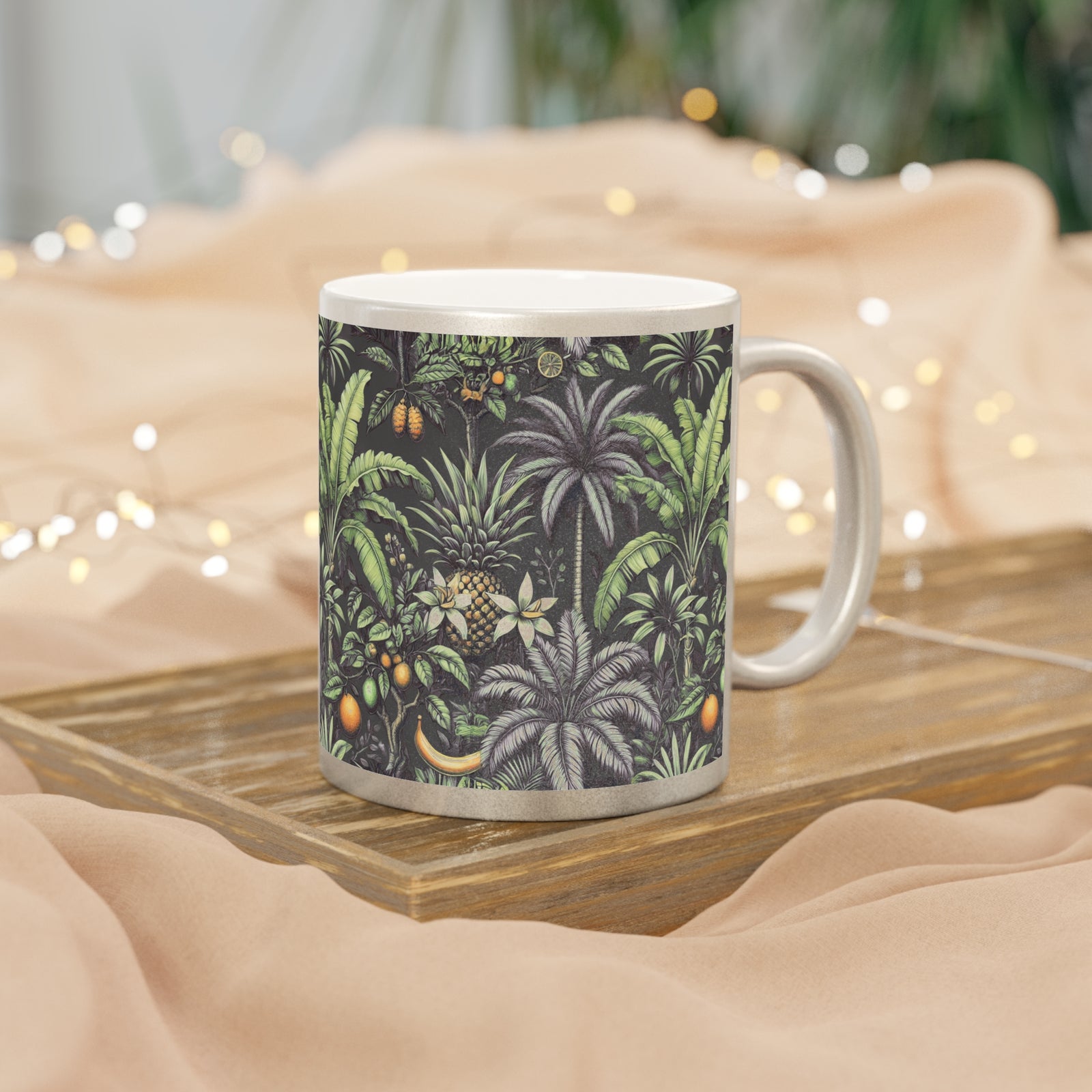 Tropical Metallic Mug, Gold or Silver - Tropical Palms & Fruit, Black