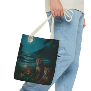 Tropical Beach & Jaguars Tote Bag, Black - 3 Sizes