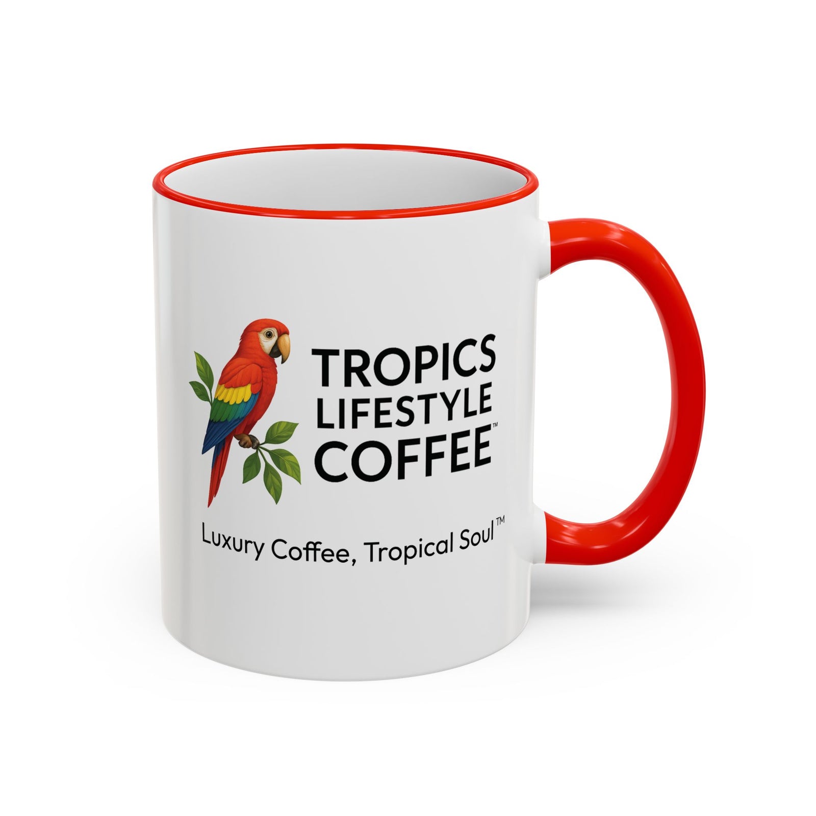 Accent Rim & Handle Coffee Mug ~ Tropics Lifestyle Coffee Parrot Logo