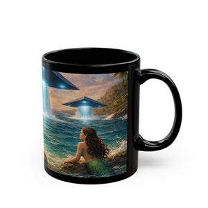 Black Coffee Mug - UFO & 3 Mermaids