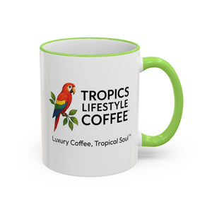 Accent Rim & Handle Coffee Mug ~ Tropics Lifestyle Coffee Parrot Logo