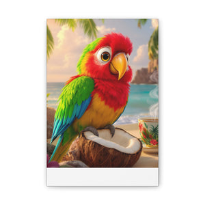 Tropical Parrot Canvas Wall Art — Colorful Beach Scene with Coffee Cup