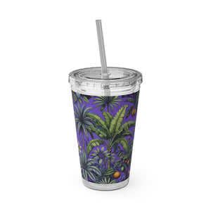 Tropical Tumbler with Straw | 16 oz: Tropical Palms & Fruit, Purple