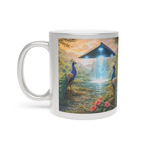 Tropical Metallic Mug, Gold or Silver - UFO & Peacocks