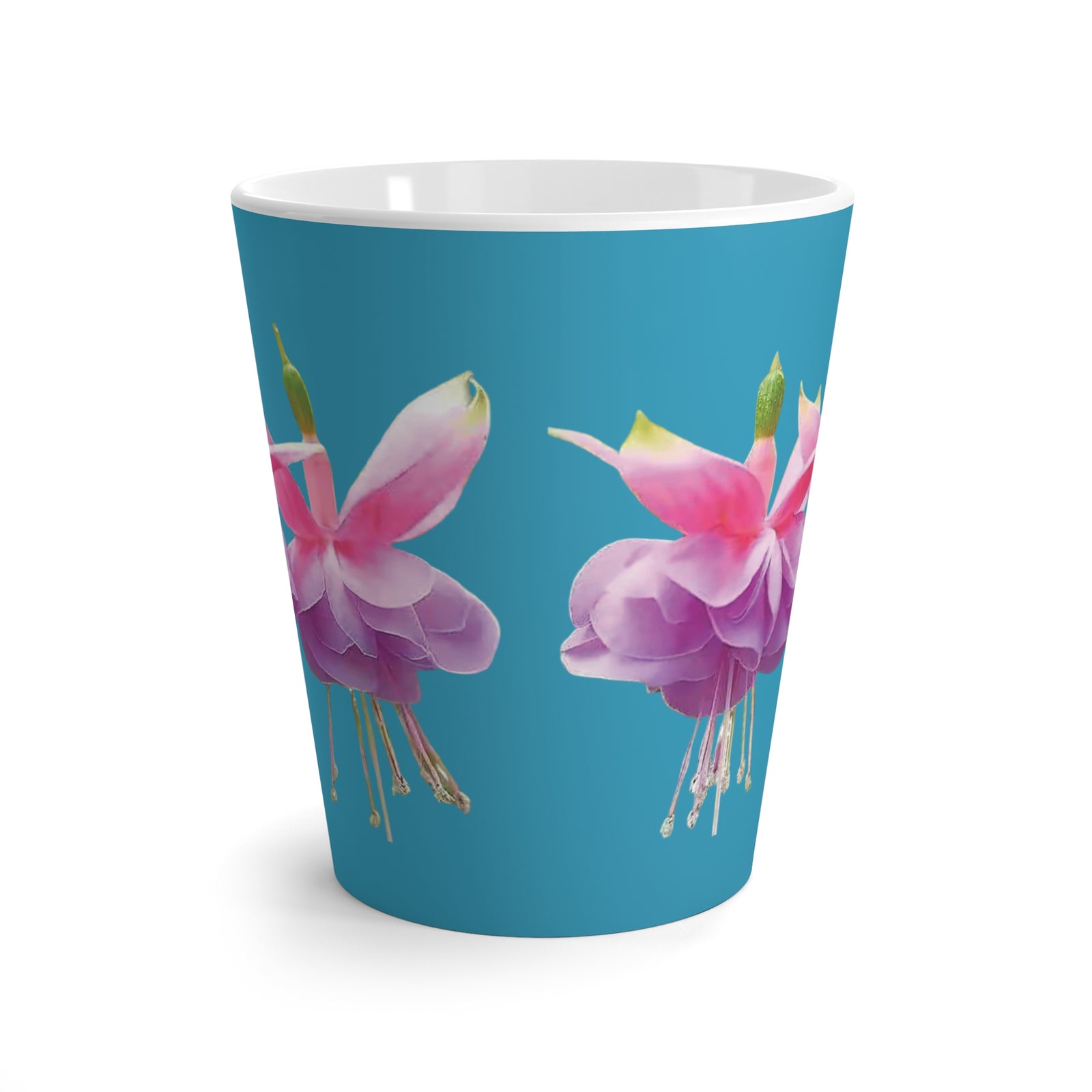Latte White Mug, Floral - Tropical Fuschsias/Turquoise