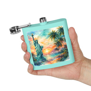 6oz Stainless Steel Flask — Sunset Statue of Liberty Coastal Art