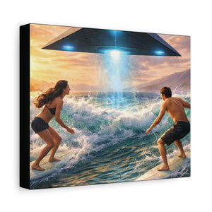 Surfing UFO Canvas Print — Beach Sunset Sci‑Fi Wall Art