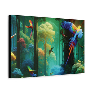 Tropical Parrots Canvas Wall Art — Vibrant Flight School Jungle Scene Matte