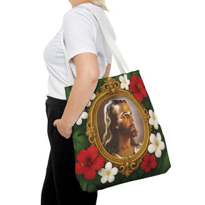 Religious Art Polyester Tote Bag, 3 Sizes / "Head of Christ" Jesus Portrait, Red Flowers