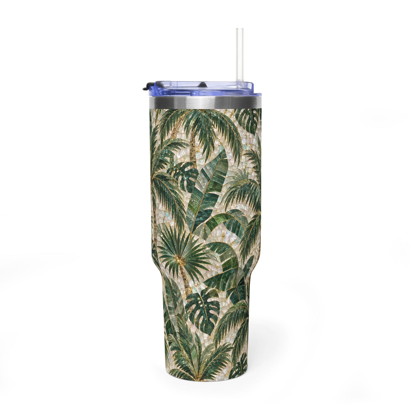 40oz Vacuum Tumbler – Insulated Tropical Travel Mug, Palms Mosaic