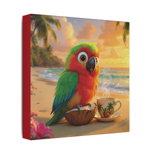 Tropical Beach Canvas - Tiki the Parrot Sunrise Wall Art, Dark Red