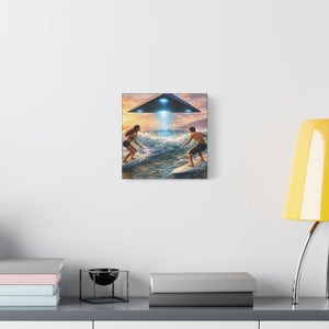 Surfing UFO Canvas Print — Beach Sunset Sci‑Fi Wall Art