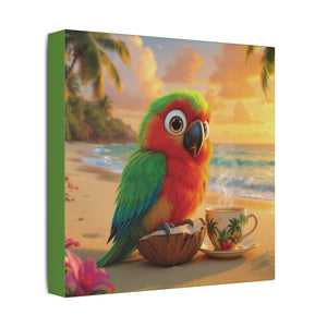 Tropical Beach Canvas - Tiki the Parrot Sunrise Wall Art, Green
