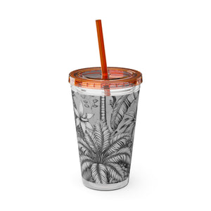 Tropical Tumbler with Straw | 16 oz: Tropical Palms & Fruit, Noir