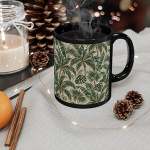 TropicalBlack Mug, 11 & 15 oz – Botanical Palm Mosaic Coffee Cup