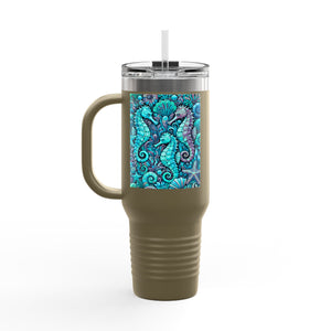Insulated Travel Mug, 40oz / Seahorses, Turquoise - Perfect for Outdoor Adventures