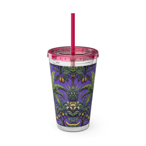 Tropical Tumbler with Straw | 16 oz: Tropical Palms & Fruit, Purple