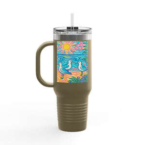 Insulated Travel Mug, 40oz / Tropical Beach Seagulls - Perfect for Outdoor Adventures