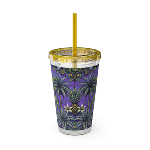 Tropical Tumbler with Straw | 16 oz: Tropical Palms & Fruit, Purple