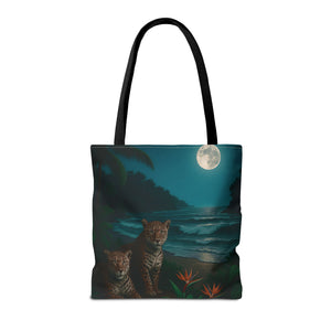 Tropical Beach & Jaguars Tote Bag, Black - 3 Sizes