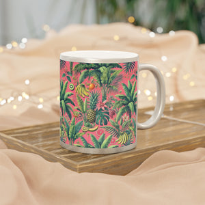 Tropical Metallic Mug, Gold or Silver - Tropical Palms & Fruit, Coral