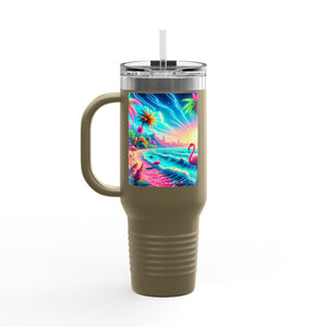 Insulated Travel Mug, 40oz / Pop Art Flamingo Beach