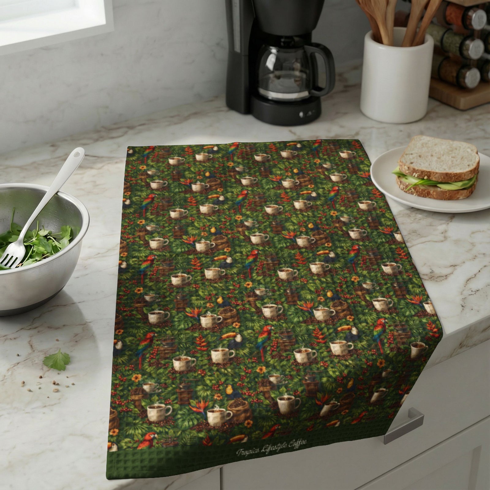 Coffee & Tea Kitchen Towel — Macaw & Coffee Pattern, Waffle Weave