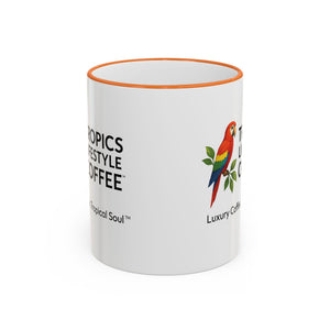 Accent Rim & Handle Coffee Mug ~ Tropics Lifestyle Coffee Parrot Logo