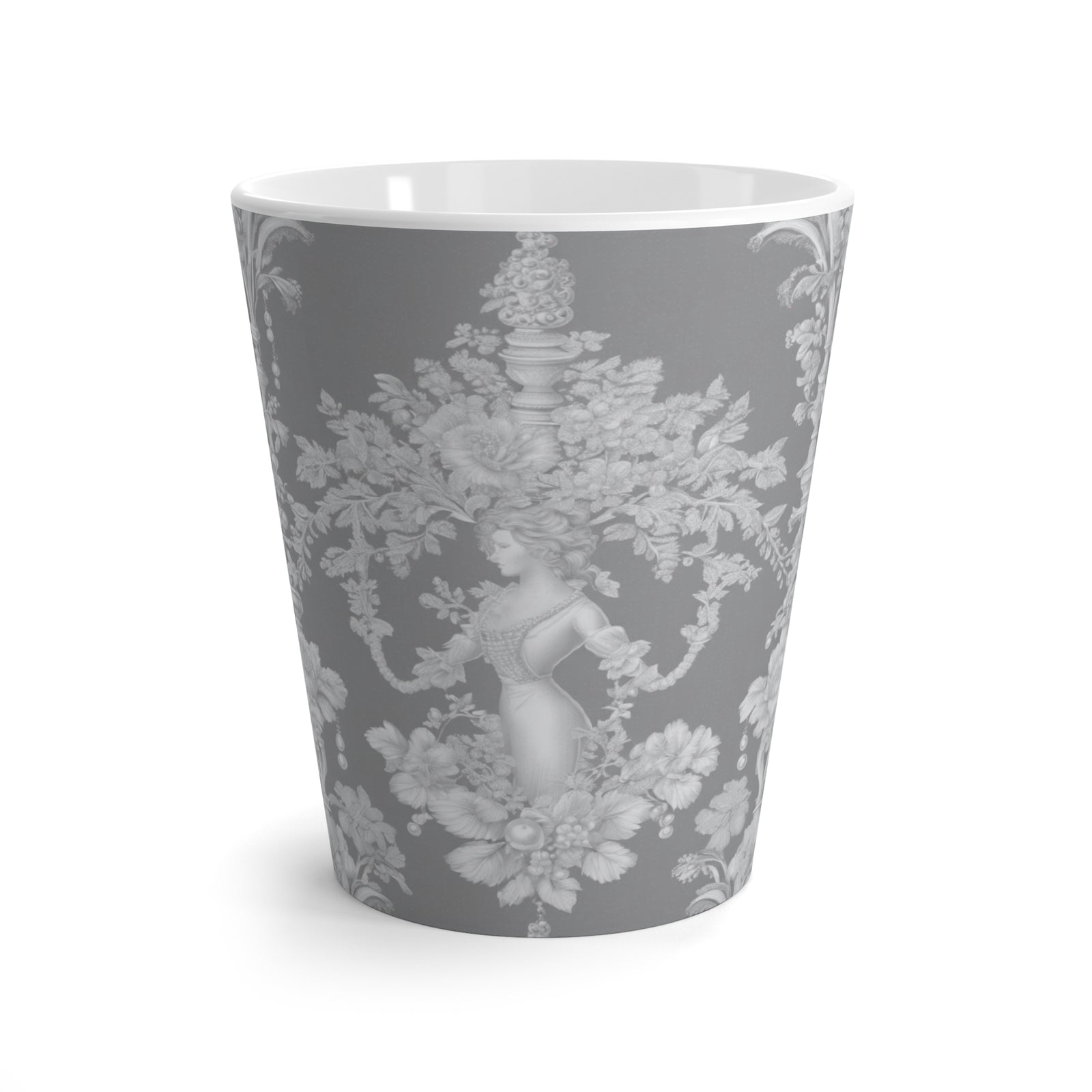 Latte White Mug - Perfect for Coffee Enthusiasts / Pearl Lady Toile, slate