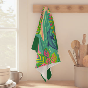 Tropical Microfiber Coffee/Tea Towel ~ Jumping Dolphins, Dark Green