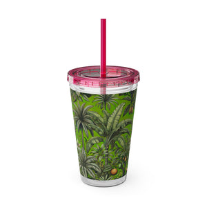 Tropical Tumbler with Straw | 16 oz: Tropical Palms & Fruit, Green