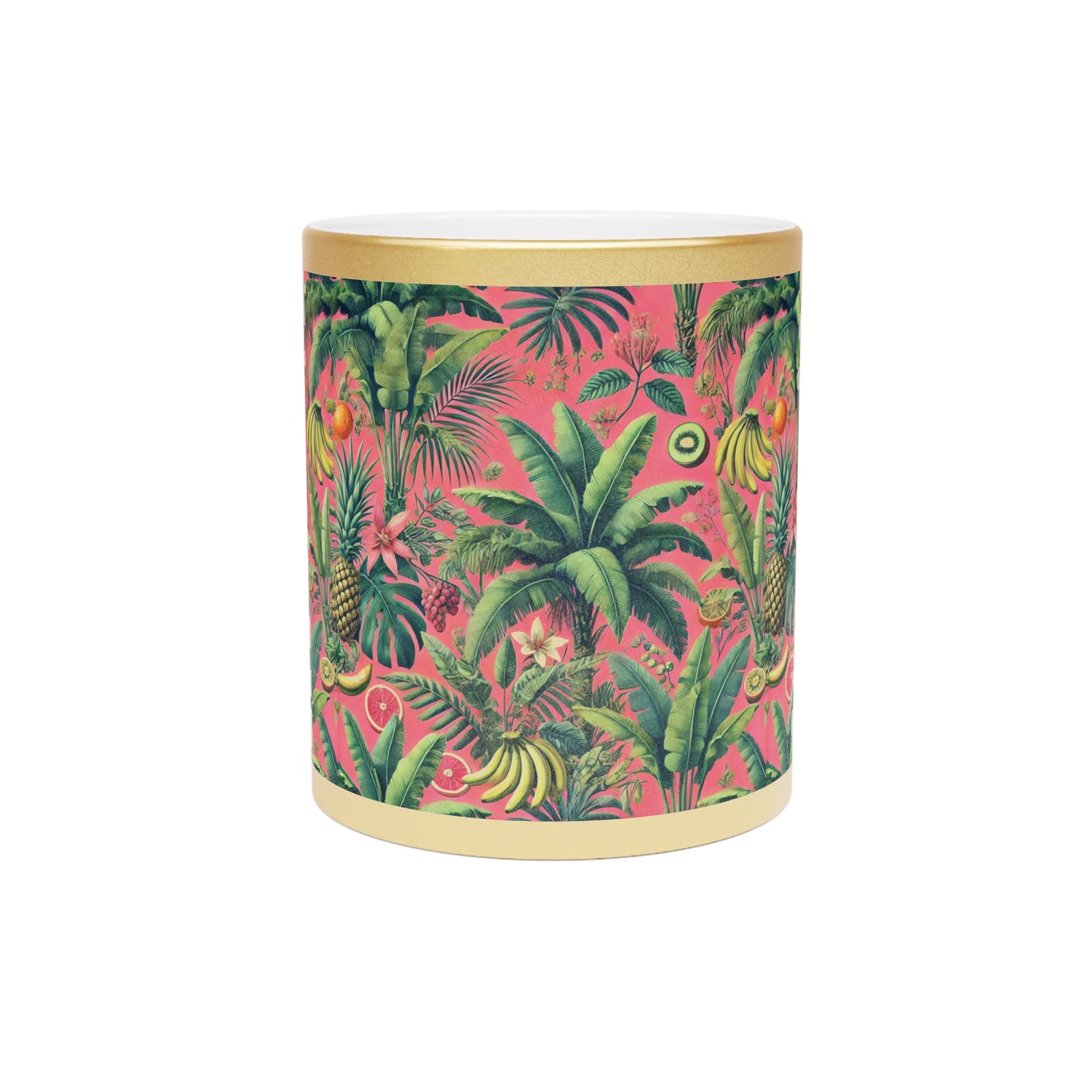 Tropical Metallic Mug, Gold or Silver - Tropical Palms & Fruit, Coral