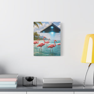 Matte Canvas Print — Flamingos & UFO Beach Wall Art