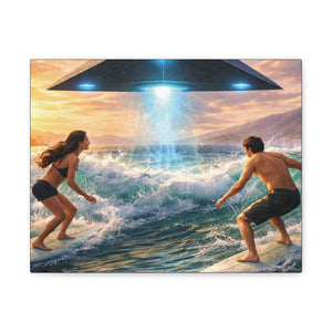 Surfing UFO Canvas Print — Beach Sunset Sci‑Fi Wall Art