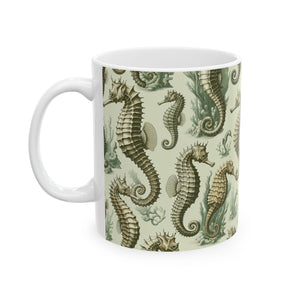 Ceramic White Mug - 11oz & 15oz, Green Toile Seahorses