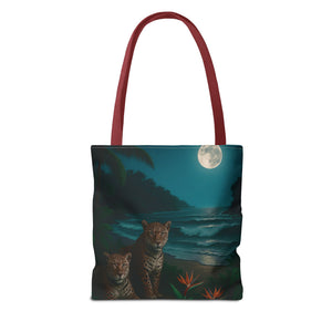 Tropical Beach & Jaguars Tote Bag, Black - 3 Sizes