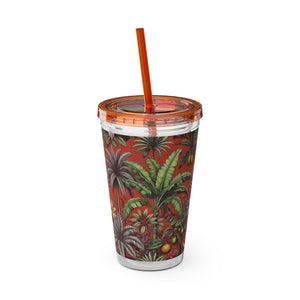Tropical Tumbler with Straw | 16 oz: Tropical Palms & Fruit, Red