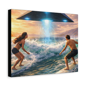 Surfing UFO Canvas Print — Beach Sunset Sci‑Fi Wall Art