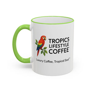Accent Rim & Handle Coffee Mug ~ Tropics Lifestyle Coffee Parrot Logo