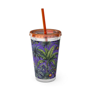 Tropical Tumbler with Straw | 16 oz: Tropical Palms & Fruit, Purple