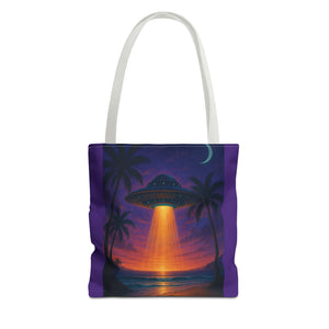 UFO at Beach Sunset Tote Bag, Purple - 3 Sizes