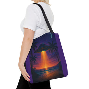 UFO at Beach Sunset Tote Bag, Purple - 3 Sizes