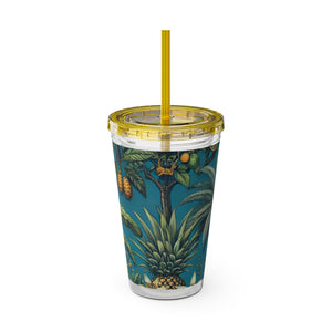 Tropical Tumbler with Straw | 16 oz: Tropical Palms & Fruit, Blue